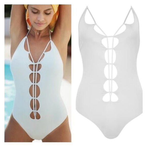 NWT Monica Hansen Beachwear Lace Up Halter Swimsuit One Piece White Small Cutout - Picture 1 of 9